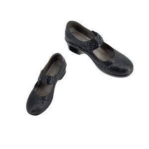 Vtg Y2K Alegria Mary Jane Leather‎ Chunky 3D Rose Embossed Ell-541 Black Sz 41